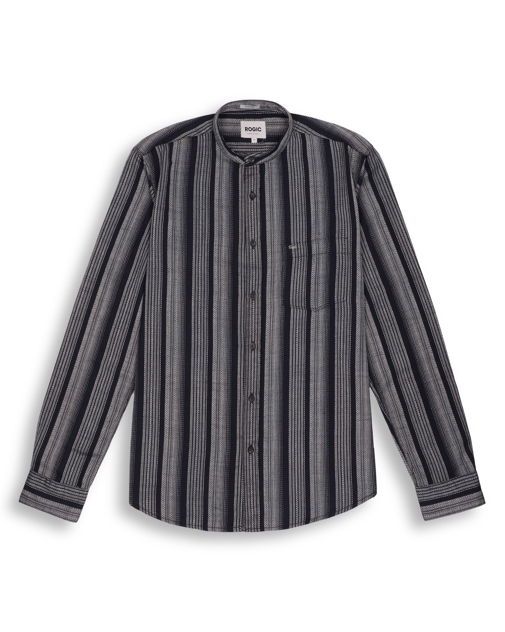 CHINESE COLLAR STRIPE SHIRT IN BLACK-M