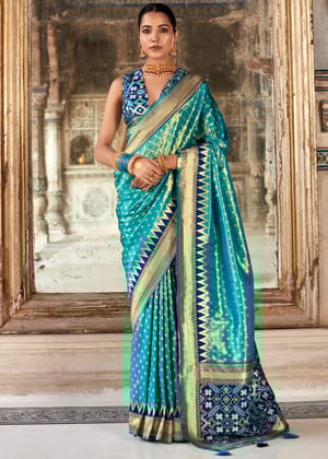 Turquoise Blue Woven Banarasi Tissue Silk Saree Patola Blouse