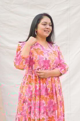 Khwahish Pink & Orange Maternity and Nursing Cotton Dress-S