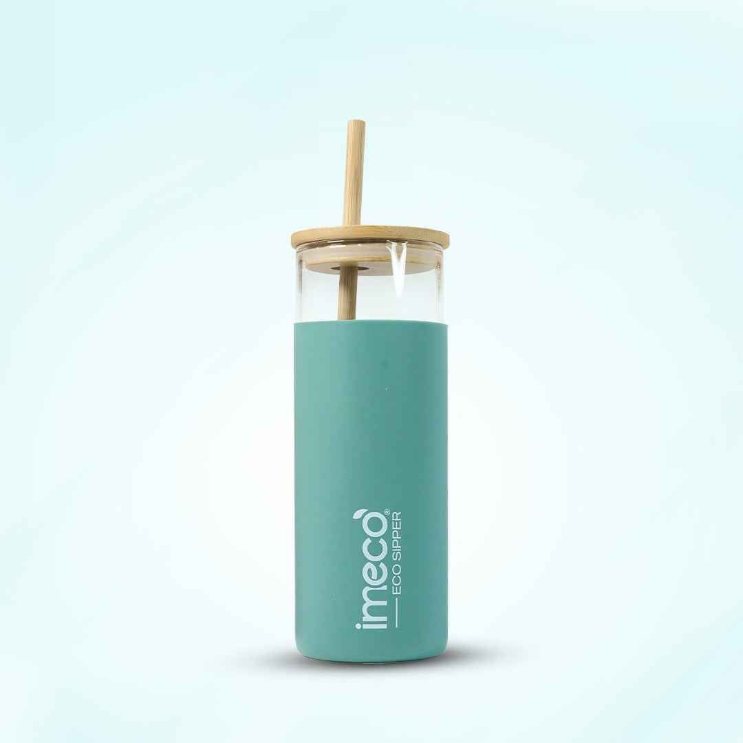 IMECO Eco Sipper Glass Sipper with Bamboo Straw (Sea Green, 450 ml) | Sustainable Hydration | Daily Use