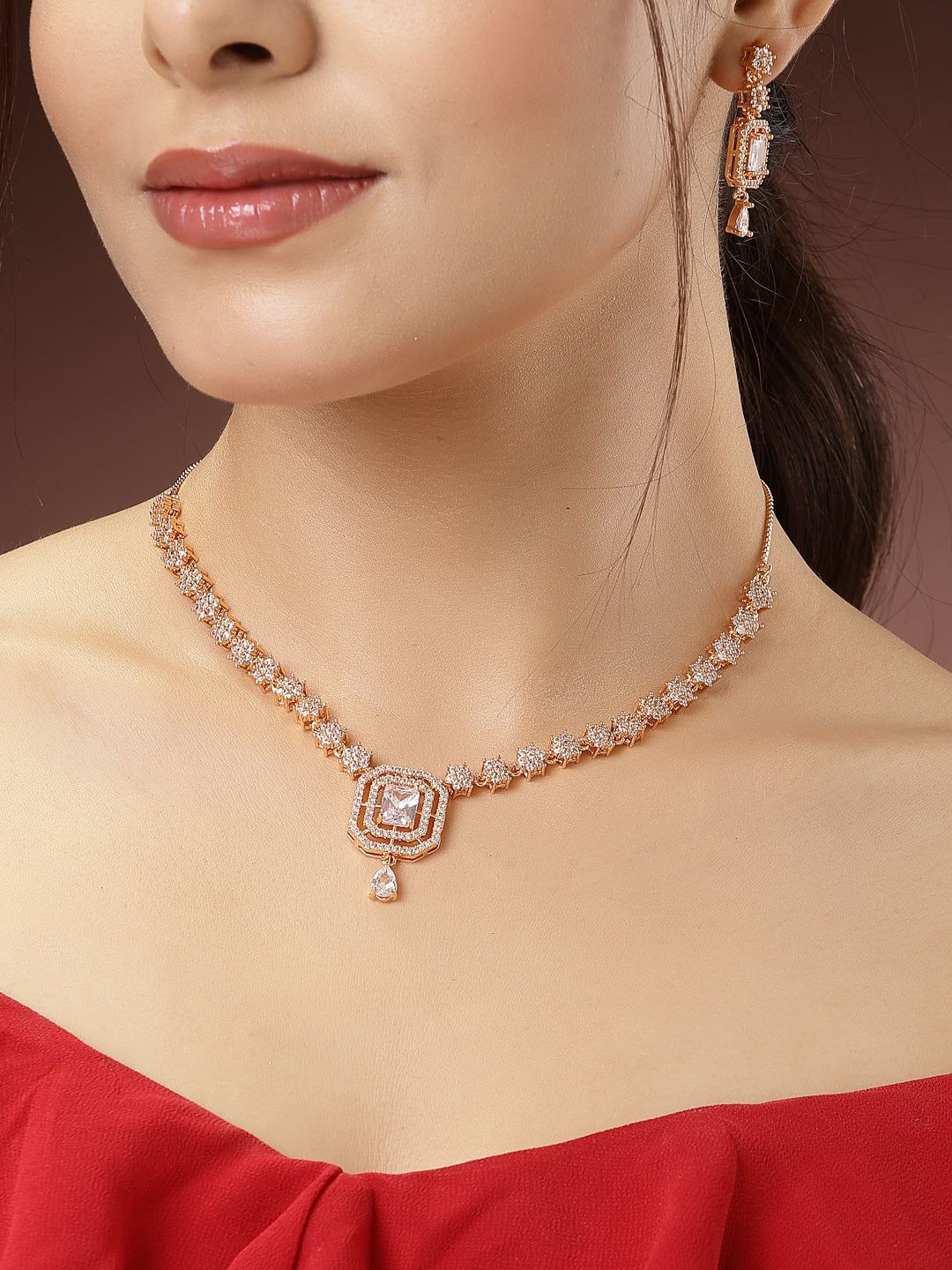 NVR Women Gold-Plated American Diamond Studded Handcrafted Jewellery Set-Onesize / Gold / Brass