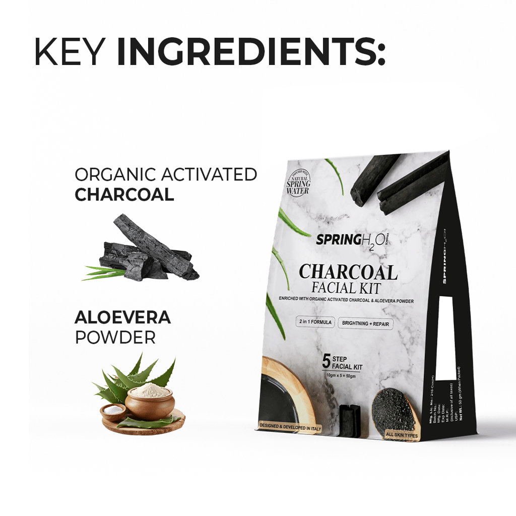 Spring H20 Charcoal Facial Kit 50 gm 2 in 1 Formula Brightening + Repair 5 Step