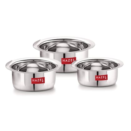 HAZEL Stainless Steel Tope Set of 3 , Flat Bottom Bhagona for Boiling & Multipurpose Cooking , 300 ml, 500 ml & 800 ml Utensils Set for Kitchen HAZEL Stainless Steel Tope Set of 3 , Flat Bottom Bhagona for Boiling & Multipurpose Cooking , 300 ml, 500 ml & 800 ml Utensils Set for Kitchen