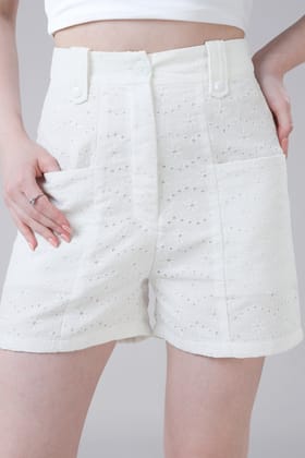 Premium Embroidered Cotton Patch Pocket Shorts For Women-L / White