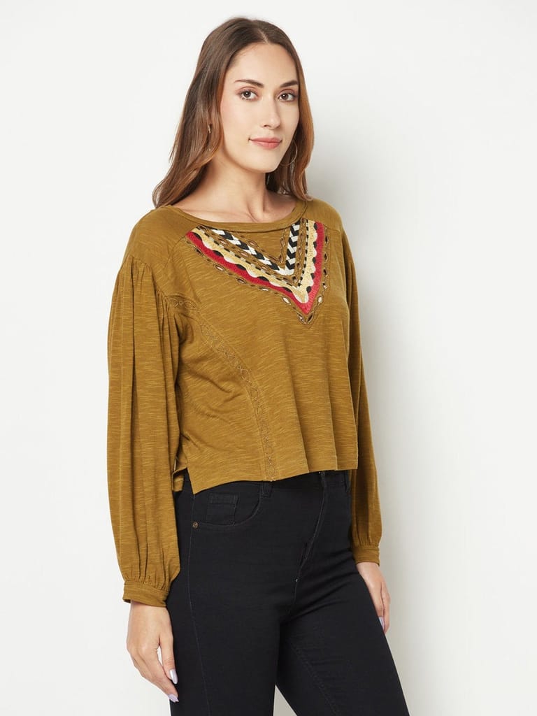 Olive Embroidered Balloon Sleeve Top