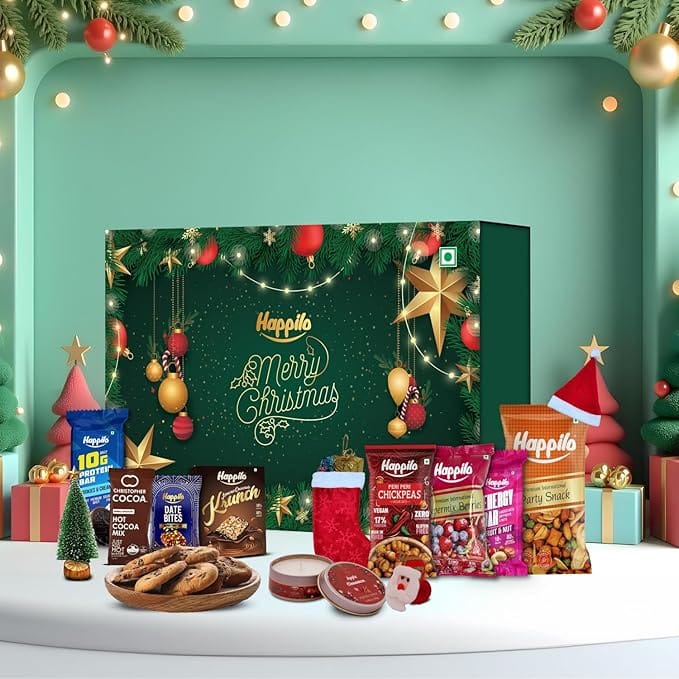 Happilo Christmas Gift Box Comet 350g Festive Treats & Snacks Tree Stocking Santa Hat Playing Cards Candles Party Snacks Bar Chickpeas Date Bites Hot Chocolate Mix