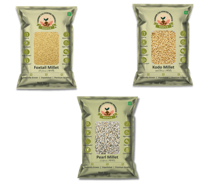 Sedya Three Millet Combo Whole Grains | Foxtail, Kodo & Pearl Millet | Certified Low GI | Korralu / Varagu / Sajje | Gluten Free | Unpolished, Toasted, No Soaking Required | High Plant Protein & Fibre | Total 1.5 Kg (500 g Each Pack)
