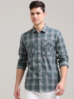 Teal Grey Double Pocket Checks Shirt-M / Teal