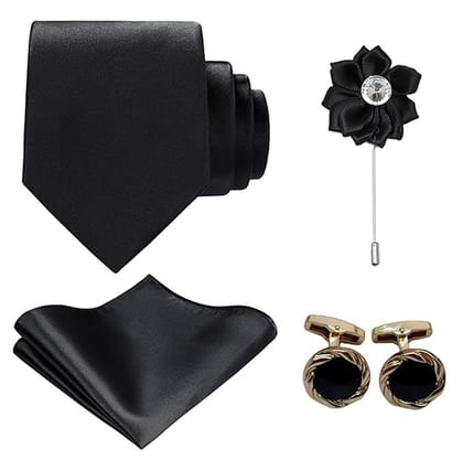 VOICI France men's Solid necktie pocket square and cufflink combo gift set Black color free size- Black set