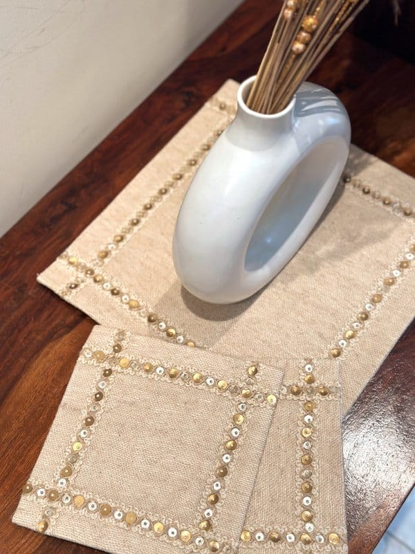 KRI India Raw Jute Minimal Sequins Table Placemats Set|Set of 2|7 inches | Jute beige & | Wash & Care | 100% Cotton | Handcrafted in India. 100% organic & natural.