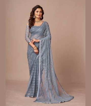 VANRAJ CREATION Net Self Design Saree With Unstitched Blouse Piece ( Grey )