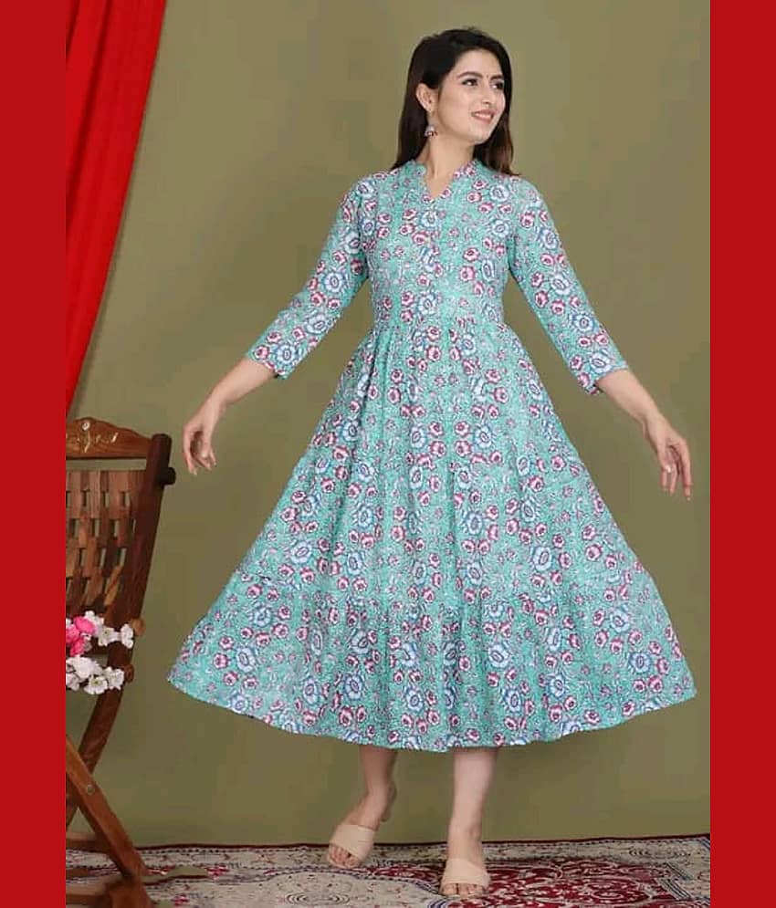 RIAANA Cotton Printed Anarkali Women's Kurti - Sea Green ( Pack of 1 )