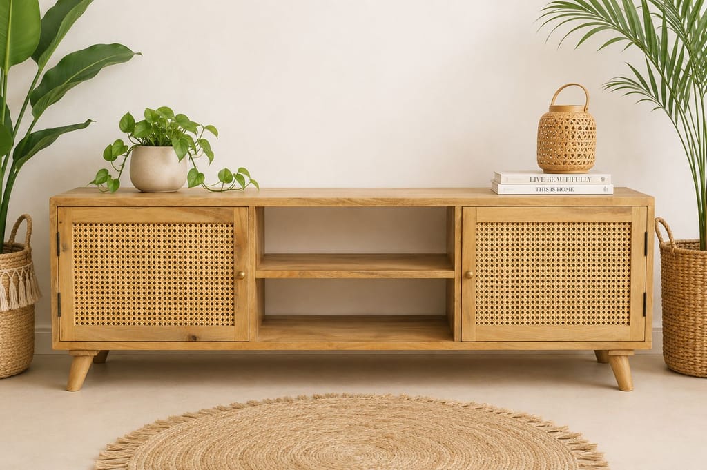 Solid Wood TV Unit with Natural Cane Doors