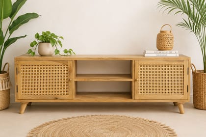 Solid Wood TV Unit with Natural Cane Doors