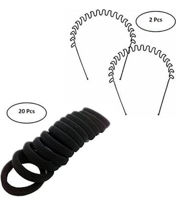 Fok Set Of 20 Pcs Black Rubber Bands & 2 Pcs Black Metal Zigzag Hairbands