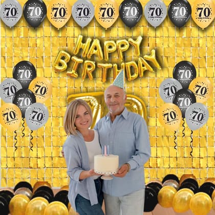 The Magic Balloons- Happy 70th Birthday decoration kit combo- 48 pcs Black Golden & silver 30 pcs rubber/latex balloons, Birthday Foil banner with 30 Number foil, 2pcs Golden foil Curtain
