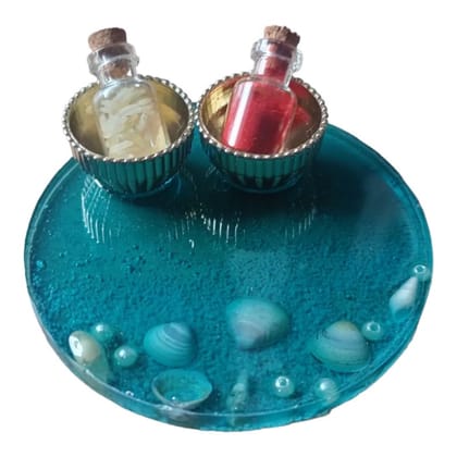 ART2ARTIST Handmade Tilak Platter | Pooja Tilak Thali | Roli Chawal Plate for Wedding Gift, Rakhsha Bhandhan, Bhai Dooj Decorative Platter Set for Laxmi/Ganesh Pooja (Blue) 4 Inch