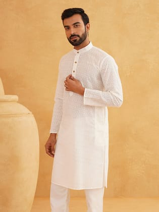 Sojanya Ethnic Motifs Embroidered Thread Work Pure Cotton Cream Straight Only Kurta-38