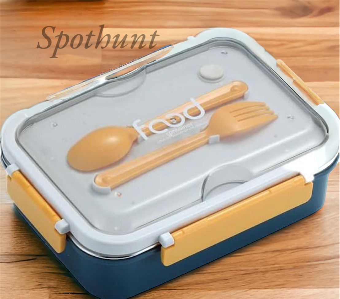 Stainless Steel 3 Compartment Insulated Lunch Box with Plastic Spoon Fork,Removable Inner Plate,Tiffin Box for Adults,Kids,Office,&School Multi-Color -Pack of 1