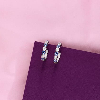 Evil Eye Sparkle Silver Hoop Earrings-White Stone / Silver