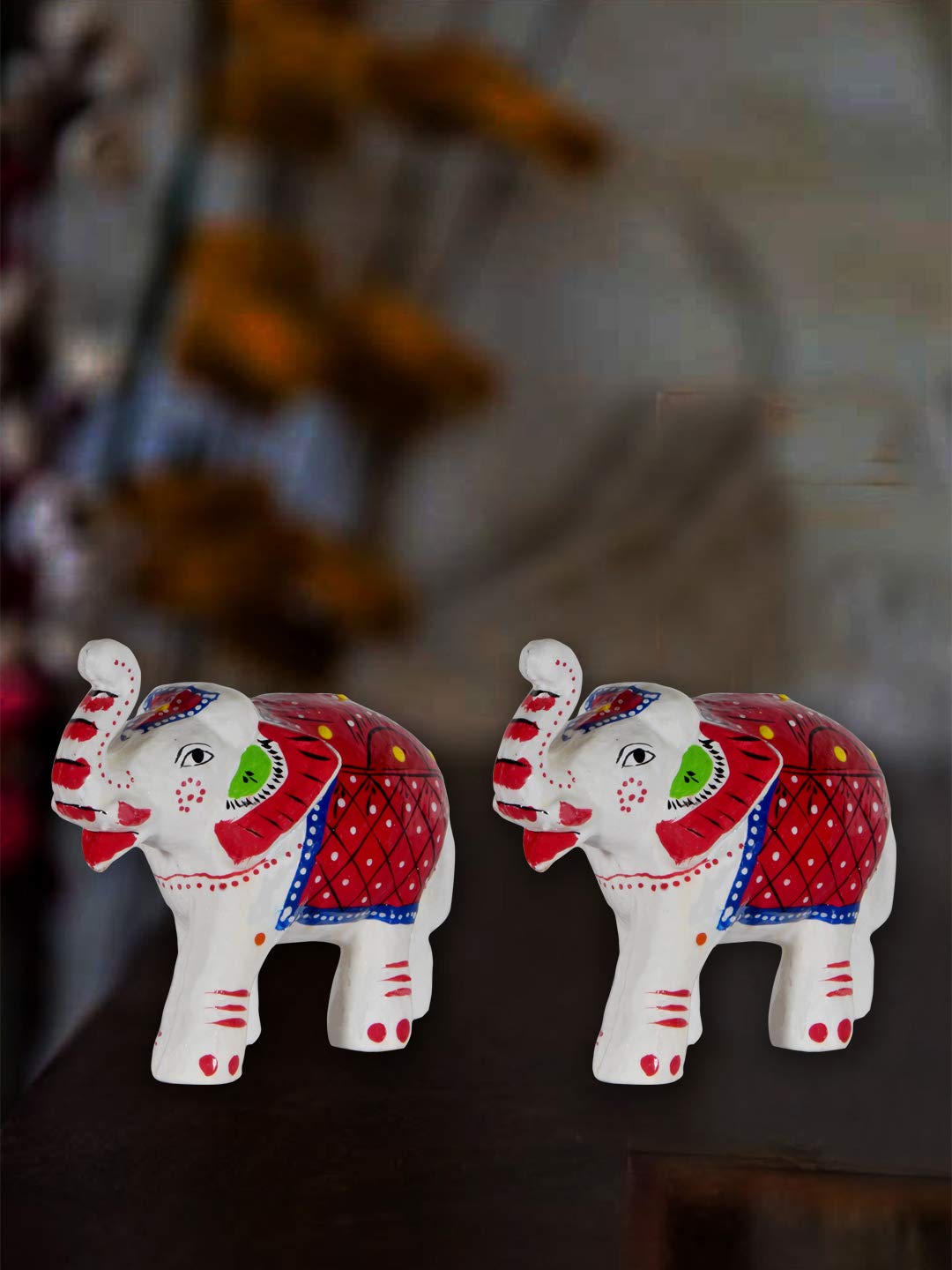 DreamKraft Paper Mache Elephant Showpiece, Standard, White, 2 Pieces