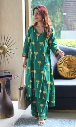 Cotton Green Palm Tree High Low Kurta and Palazzo-XXS