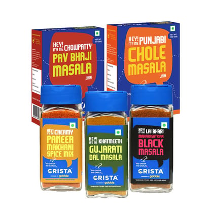 CRISTA Flavours of India - Spices Combo (Jain Pav Bhaji Masala 100 gm, Jain Chole Masala 100 gm, Maharashtrian Masala 50 gm, Paneer Makhani Gravy Spice Mix, 50 gm & Gujarati Dal 50 gm - Pack of 5 CRISTA Flavours of India - Spices Combo (Jain Pav Bhaji Masala 100 gm, Jain Chole Masala 100 gm, Maharashtrian Masala 50 gm, Paneer Makhani Gravy Spice Mix, 50 gm & Gujarati Dal 50 gm - Pack of 5