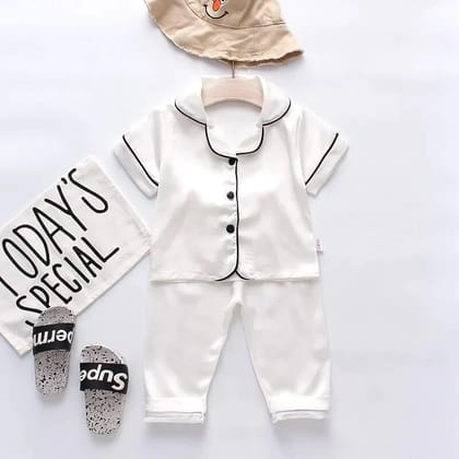 Creme White Satin Co-ord Set for Boys and Girls-1-2 year
