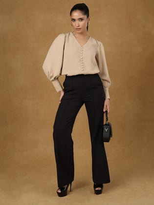 Beige V Neckline Button Down Top-S