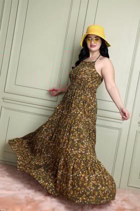 Green Small Floral Printed Dress-L / Green