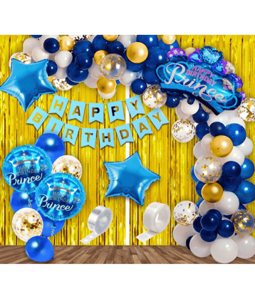 Jolly Party  Blue Happy Birthday Decoration Items Kit Combo Set Metallic Confetti Balloons With Price Foil Balloon Foil Curtain Arch and Glue Dots - 50 pieces