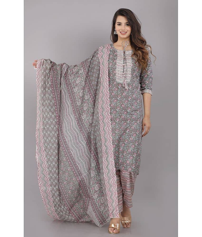 HIGHLIGHT FASHION EXPORT - Light Grey Straight Cotton Women's Stitched Salwar Suit ( Pack of 1 )