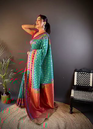 Teal Soft Silk Butti Zari Weaving Work Banarasi Saree