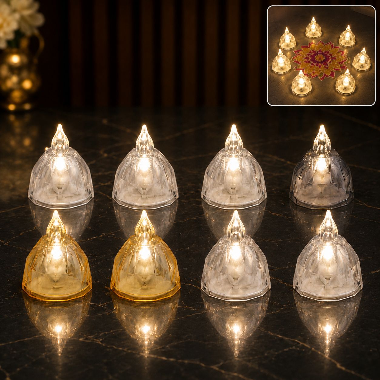 LED Flameless Decorative Diyas – Set of 8 Crystal-Style Lights