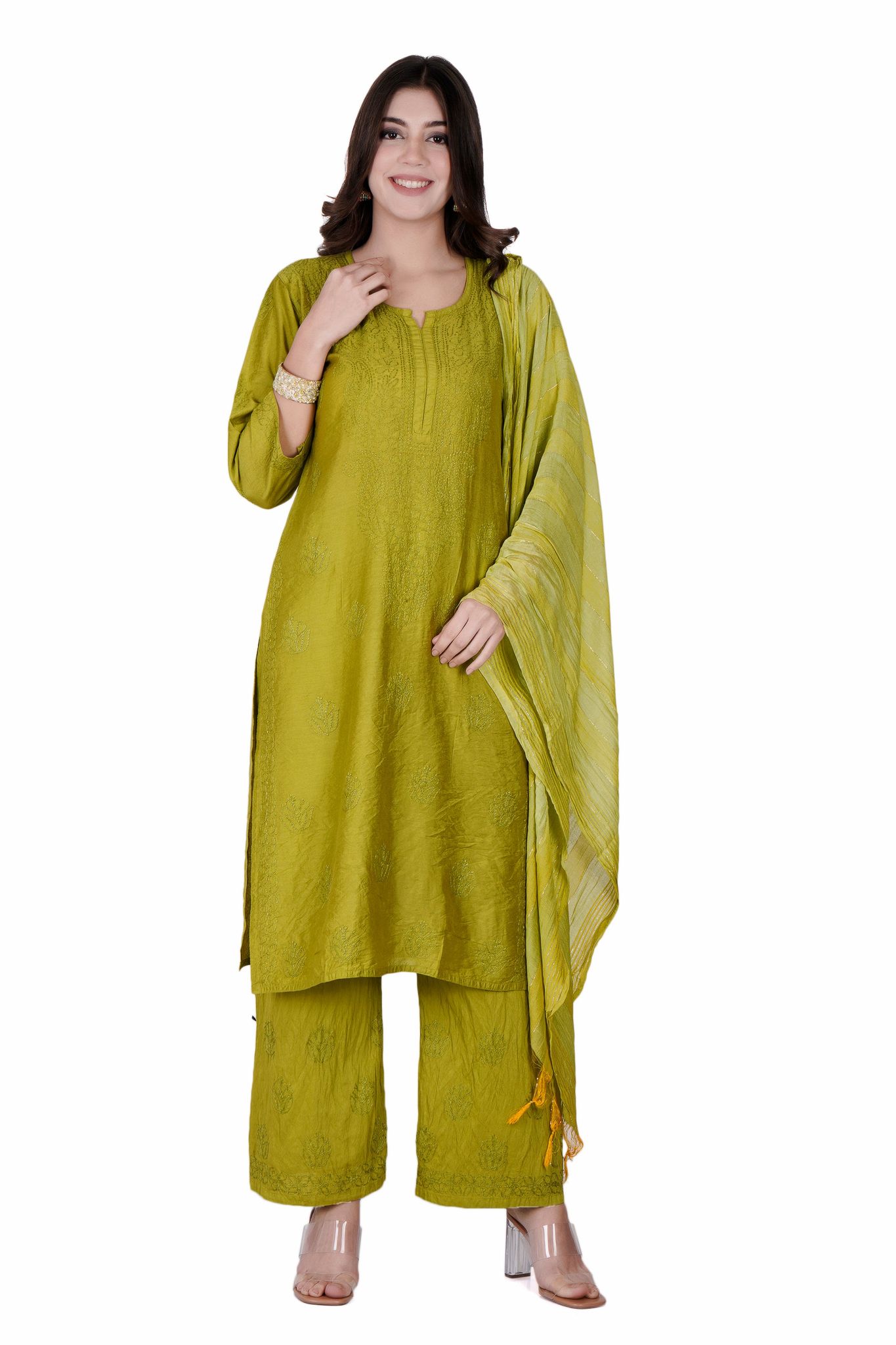 The Chikankari Story Green Chanderi Chikankari 3-Piece Set: Hand-Embroidered Lakhnavi Kurti with Dupatta and Palazzo – Traditional Queen-Inspired Thread Work kurti for women.-S