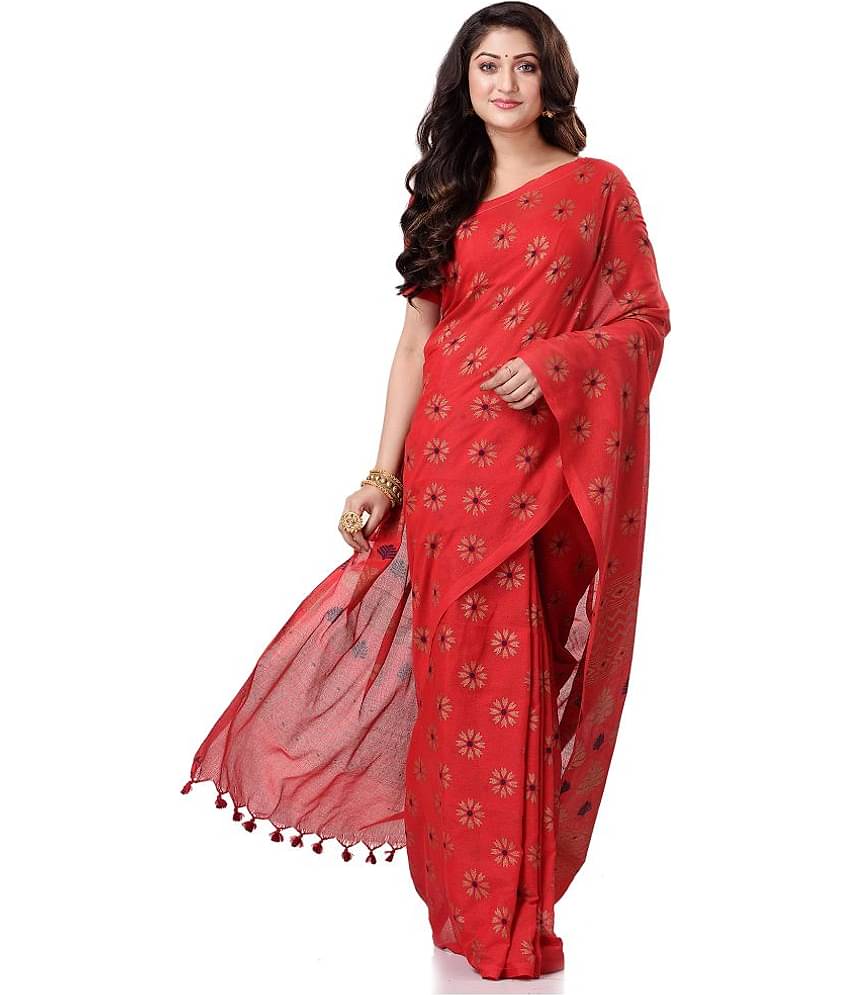 Desh Bidesh Cotton Self Design Saree With Unstitched Blouse Piece ( Red )