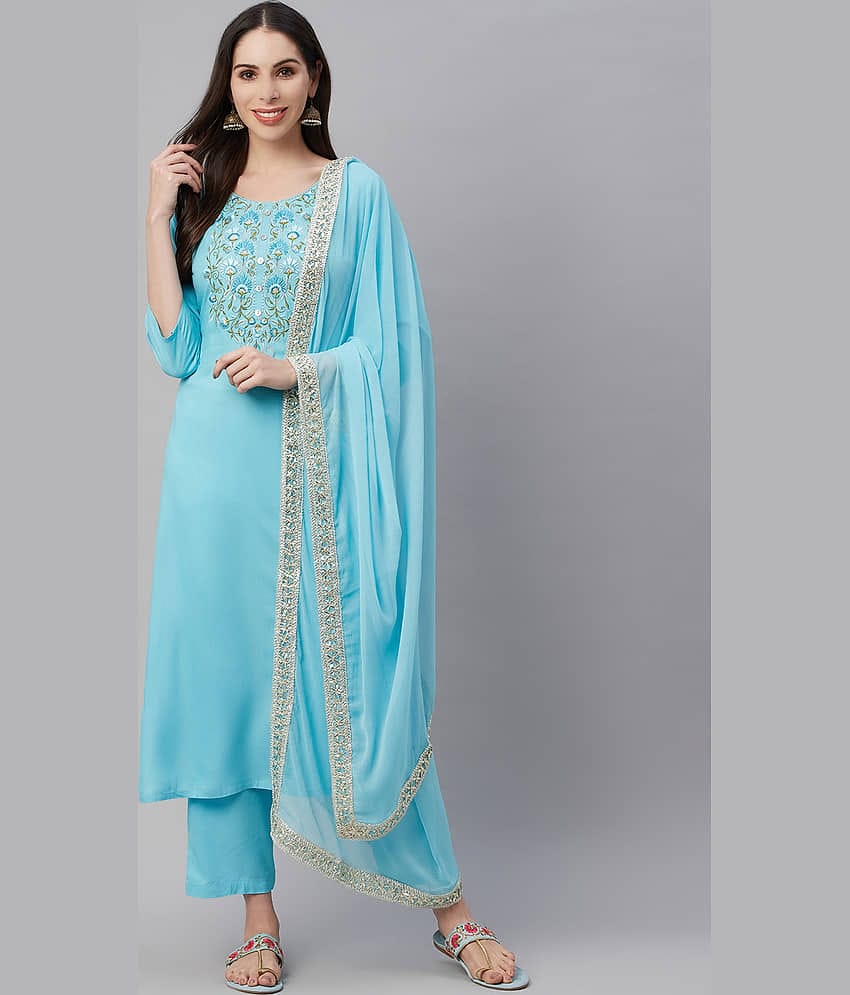 AMIRA'S INDIAN ETHNICWEAR - Blue Straight Rayon Women's Stitched Salwar Suit ( Pack of 1 )