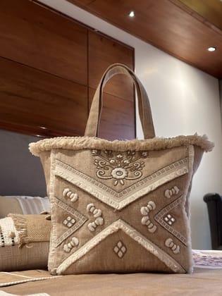 KRI India Raw Boho Embroidered Hand bag | Jute Beige  | 17x13 inches  | Wash & Care | 100% Cotton | Handcrafted in India. 100% organic & natural.