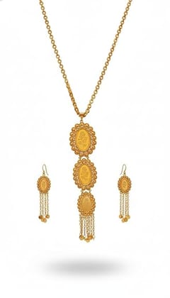 Traditional Gold Tone Necklace Earring Set, Oval Pendant with Leaf Design, Chain Tassel, 2 Pieces