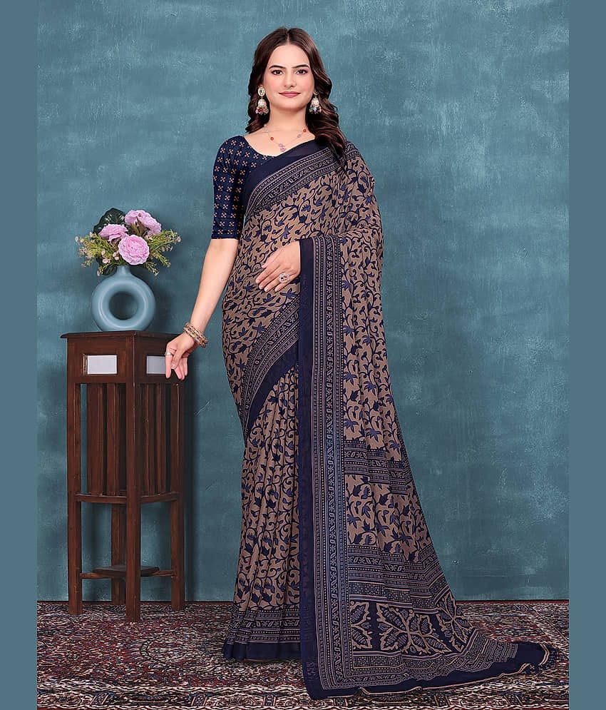 Kanooda Prints Georgette Printed Regular Saree With Unstitched Blouse Piece ( Navy Blue )