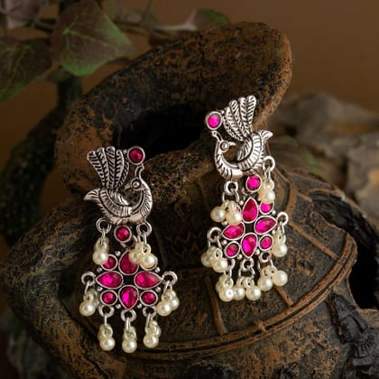 Silver Plated Peacock Design Stone Studded With Hanging Pearl Fashion Antique Earring- AER 1650
