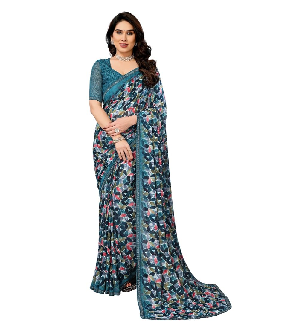 Women's Georgette Printed Saree With Unstitched Blouse 5.5Mtr (Sky Blue)-PID62515