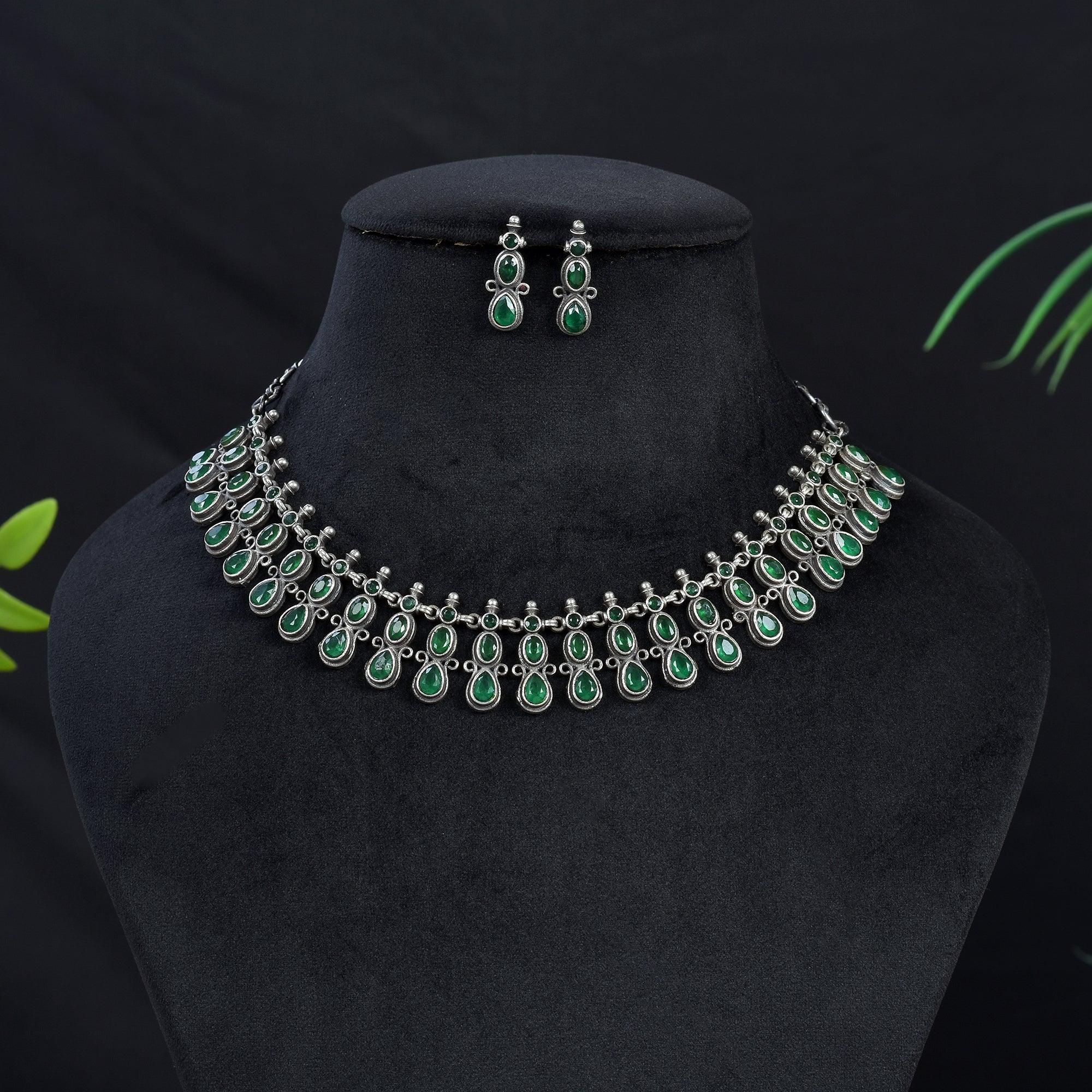 Silver Plated Oxidised Necklace Set | Sarichka-Green
