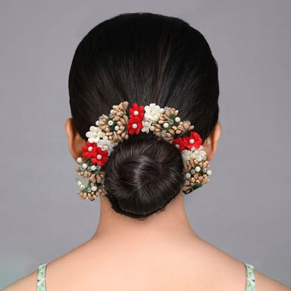 Red & White Color Flower Gajra For Women Hair Pin (HRP226REDWHT)-Length: 22.00 CM x Width: 3.50 CM / White / Alloy