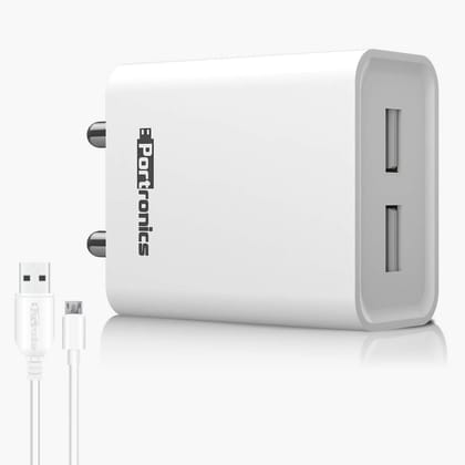 Portronics Adapto 66 2.4A 12w Dual USB Port 5V/2.4A Wall Charger,Comes with 1M Micro USB Cable, USB Wall Charger Adapter for iPhone 11/Xs/XS Max/XR/X/8/7/6/Plus(White) Portronics Adapto 66 2.4A 12w Dual USB Port 5V/2.4A Wall Charger,Comes with 1M Micro U