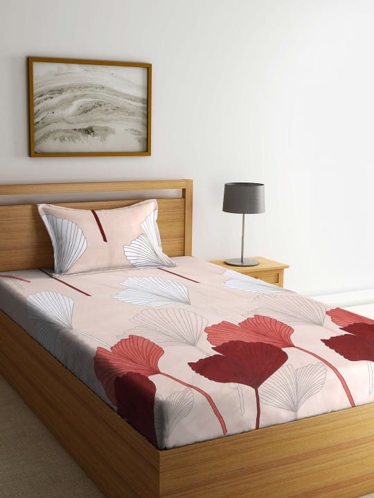 300 TC Brown & Red Floral Single Bedsheet with 1 Pillow Cover