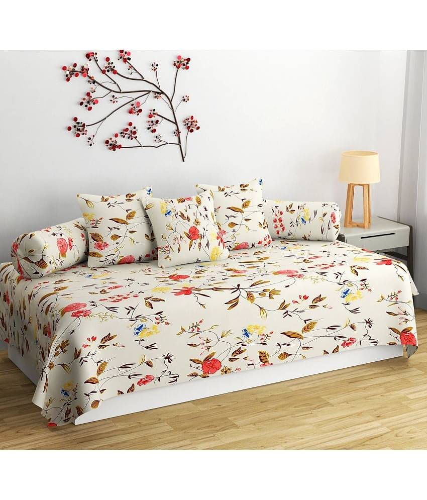 SHOMES Cotton Floral Diwan Set 6 Pcs - White