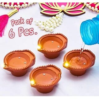 (Pack of 6) Water Sensor LED Diya for Home Dcor & Festivals - Plastic Diyas with Automatic Light Sensor
