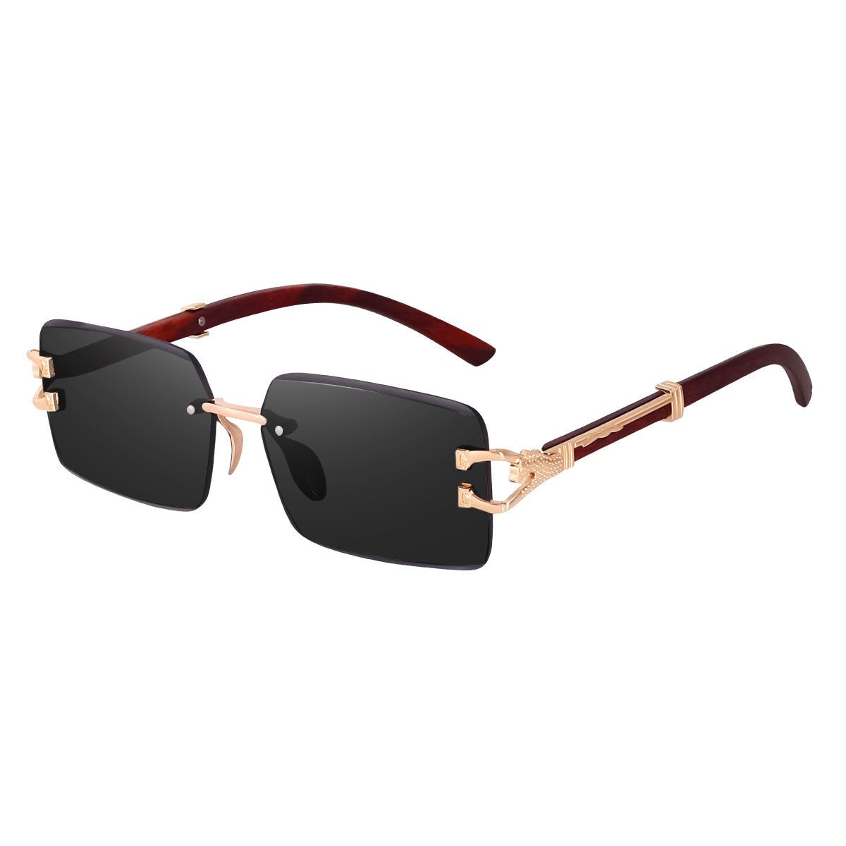 Dervin Rectangular Rimless Sunglasses for Men and Women with Decorated Arms (Black)