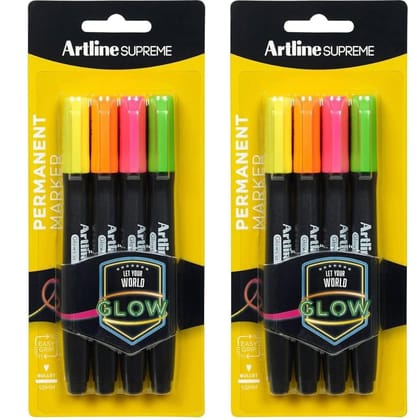 Artline Supreme UV Glow Permanent Marker of Glow Yellow, Glow Orange, Glow Blue & Glow Green Vibrant Colours in Pack of 4 x 2 Packs | For Glows Under Ultraviolet (UV) Light